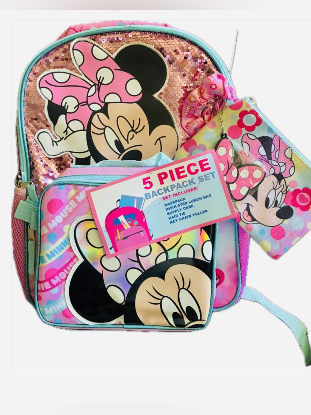 NWT! Adorable Disney Minnie Mouse Kids 5-Piece Pink Sequin Backpack Set